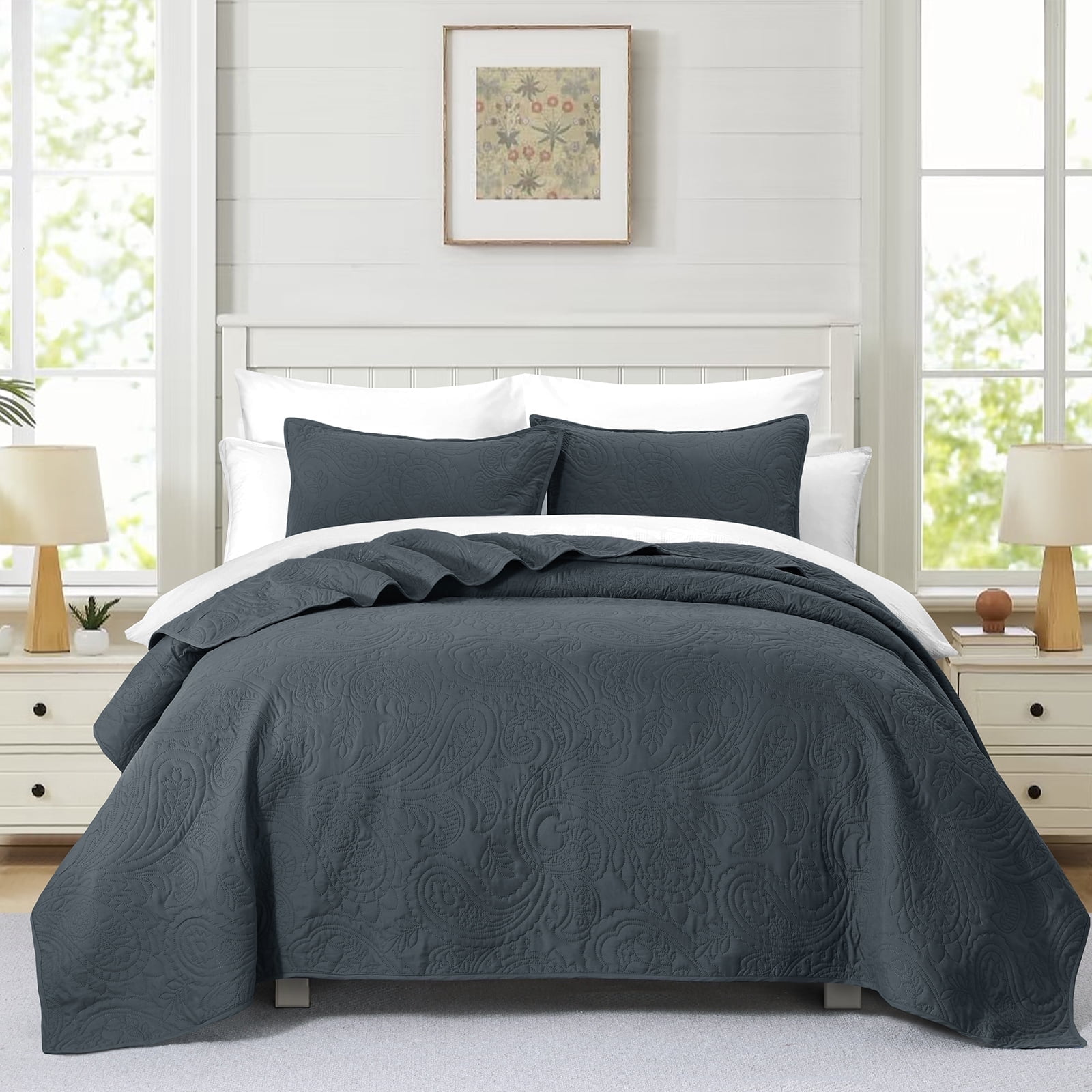 Bourina Modern Floral 3-Piece Quilt Set– King,Dark Grey,Lightweight & Comfortable,Perfect for All Seasons