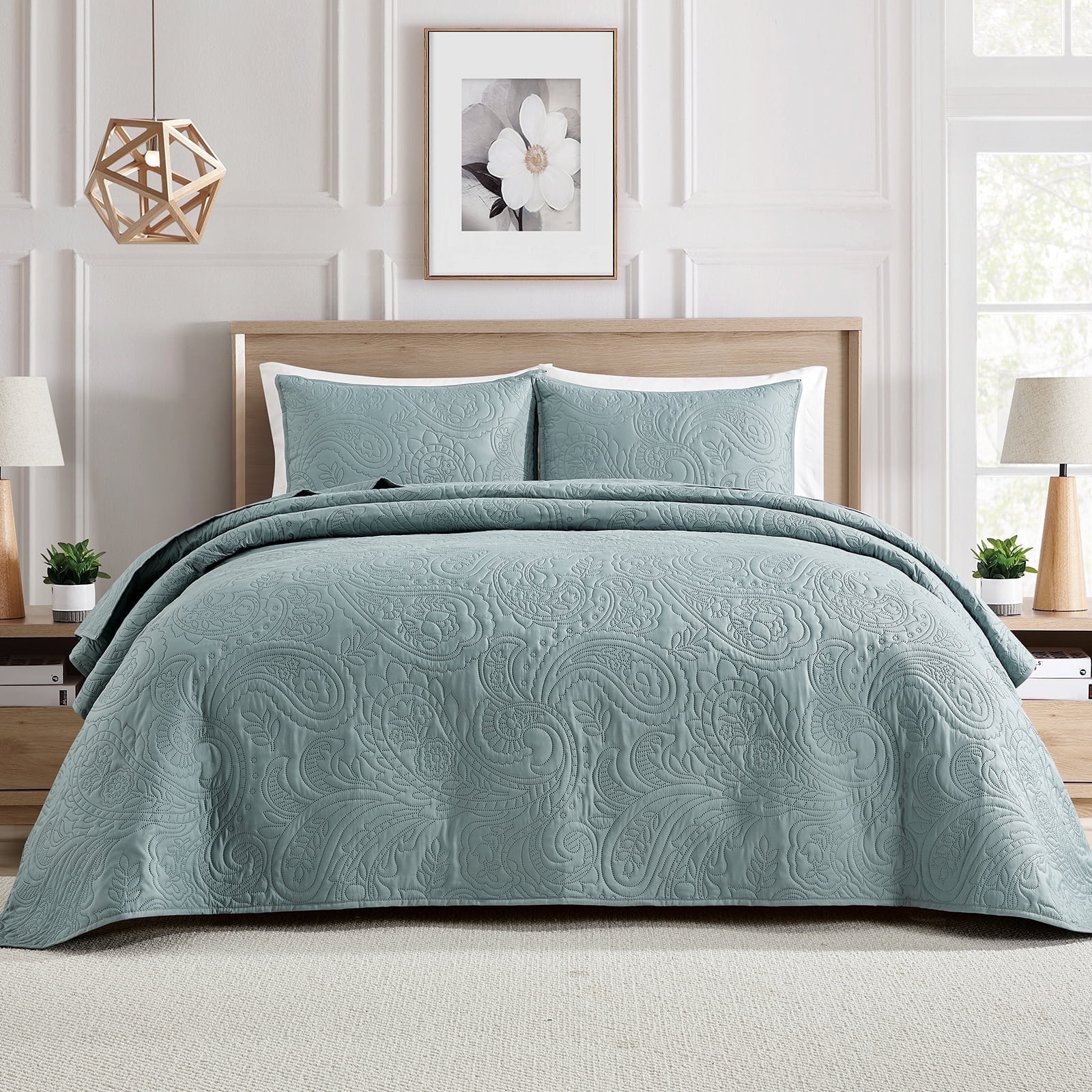 Bourina Modern Floral 3-Piece Quilt Set, Aqua,Queen,Lightweight & Comfortable,Perfect for All Seasons