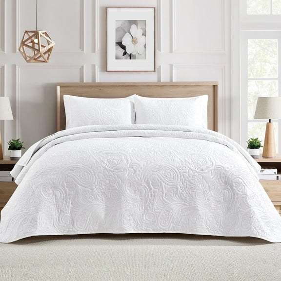 Bourina Modern Floral 3-Piece Quilt Set– Queen,White,Lightweight & Comfortable,Perfect for All Seasons