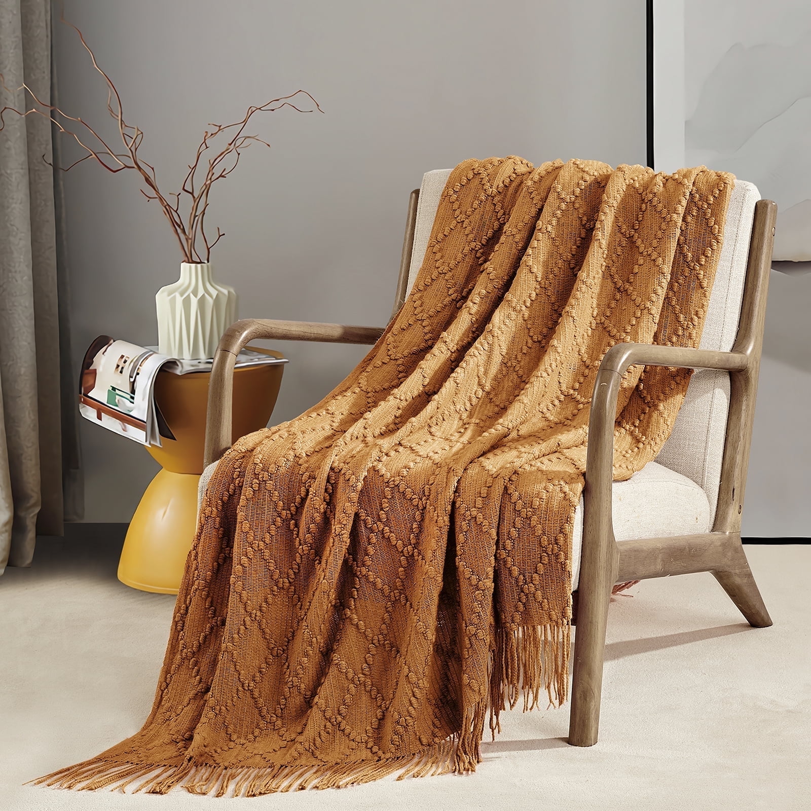 Bourina Throw Blanket Textured Solid Soft Throws and Blankets for Sofa or Bed Knitted Decorative Blanket 50 x70 inches Jacquard Rhombu Almond for Adults