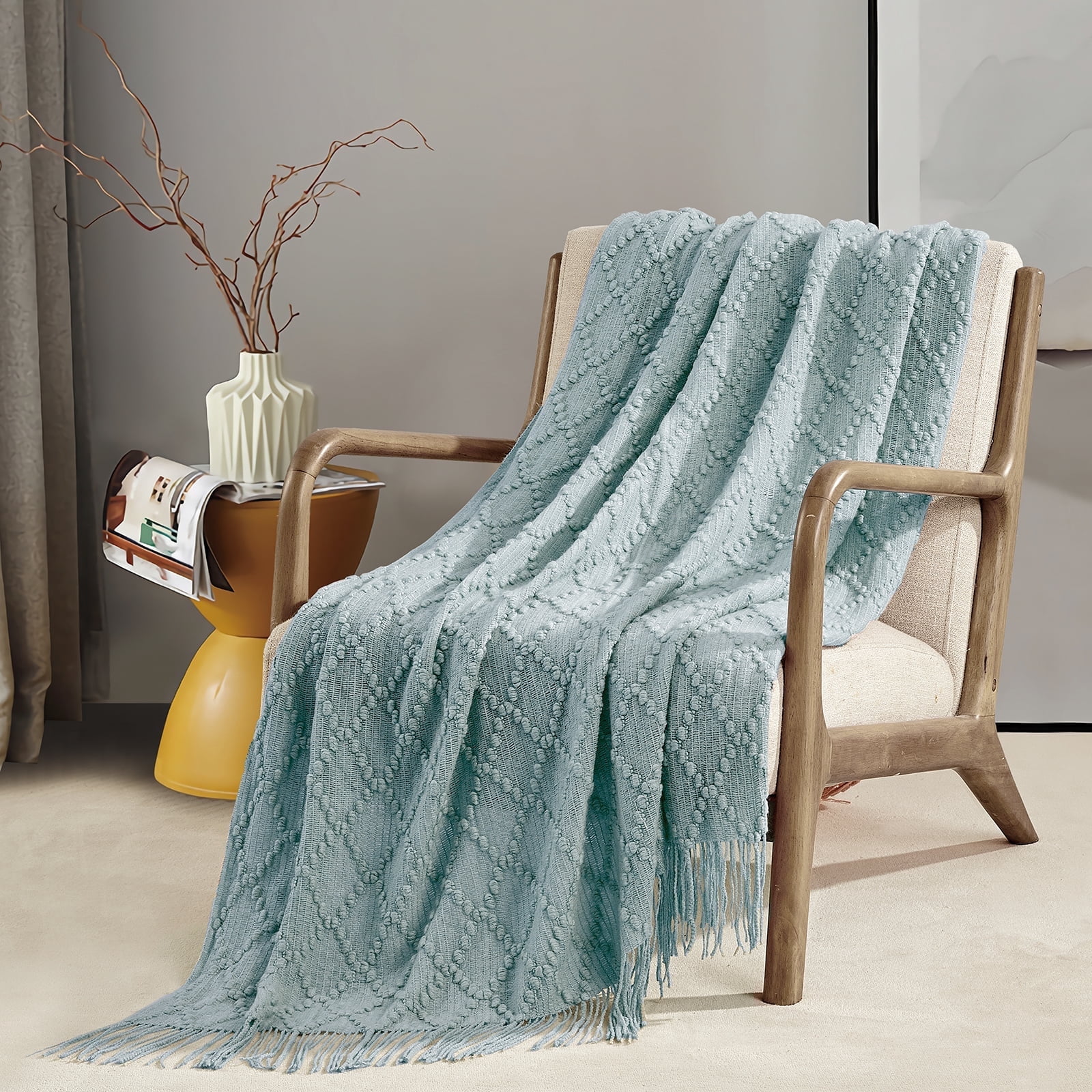Bourina Throw Blanket Textured Solid Soft Throws and Blankets for Sofa or Bed Knitted Decorative Blanket 50 x70 Inches Jacquard Rhombu Aqua  For Adults