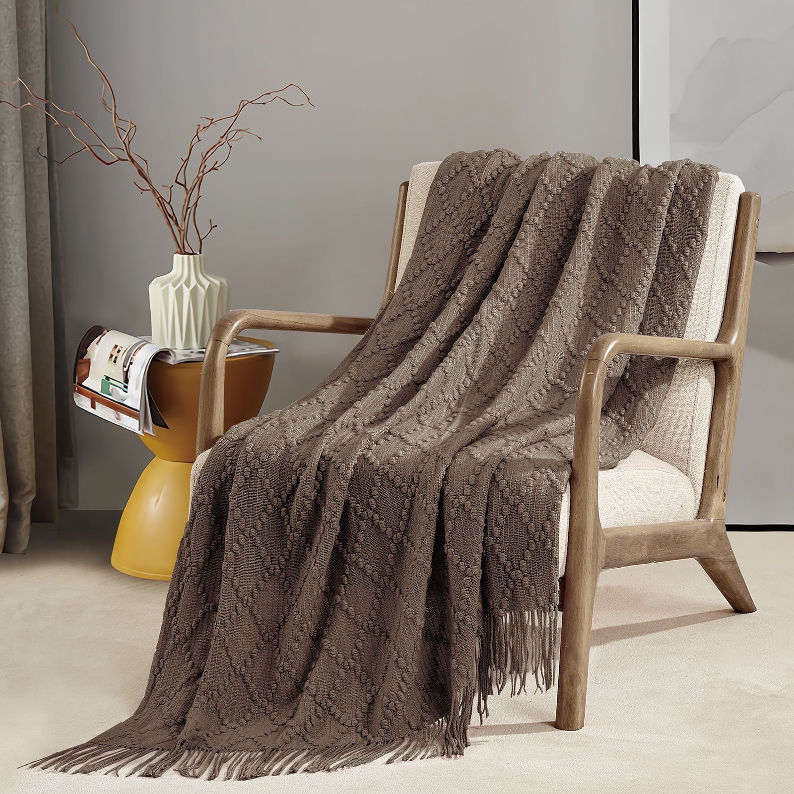 Bourina Throw Blanket Textured Solid Soft Throws and Blankets for Sofa or Bed Knitted Decorative Blanket 50 x70 Inches Jacquard Rhombu Brown for Adults