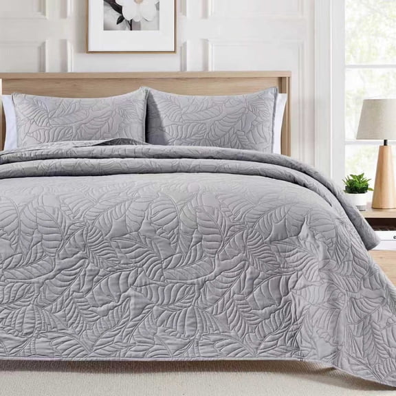 Bourina Ultrasonic Quilt Set 3-Piece Bedding Set Pre-Washed Microfiber Ultra Soft Lightweight Leaf Bedspread Coverlet Set for All Season, Queen Grey
