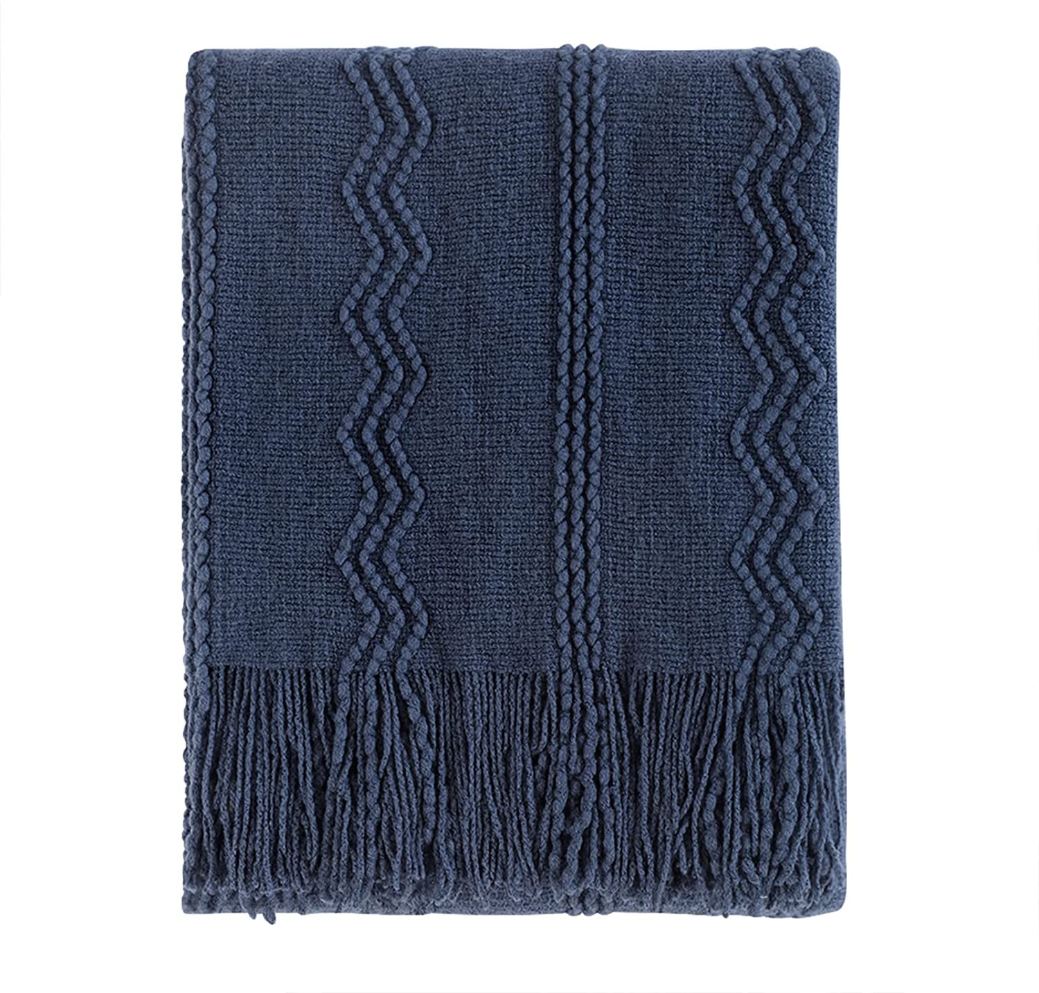 Navy Blue Knitted Wool Throw Blanket with Tassel Fringes, 50"x60"