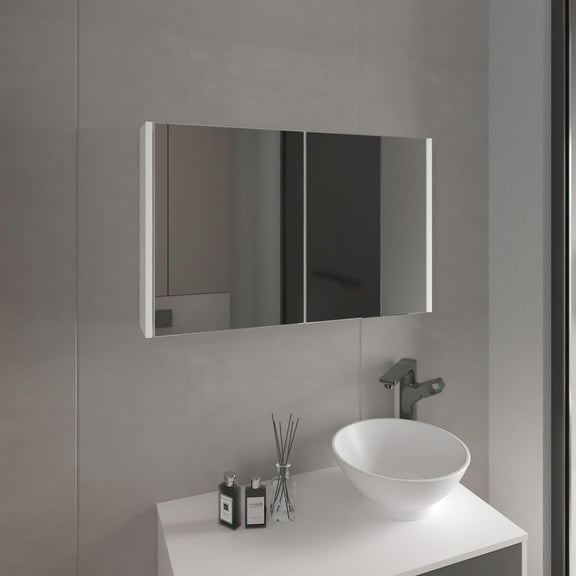 Bouti 19.7" H x 31.5" W Double Door Mirror Medicine Cabinet, Three interior Shelves for Bathroom, Kitchen White