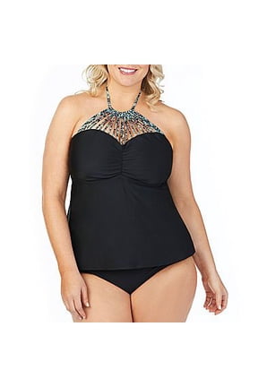 Boutique Black/Teal Spaghetti High Neck Tankini Swim Suit Top, Size 3X