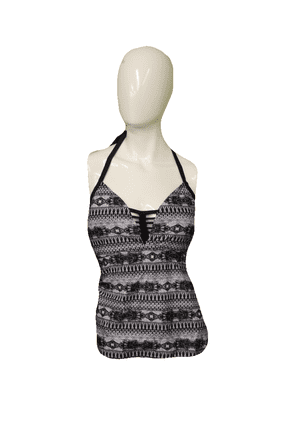 Boutique Black/White Braided Center Halter Tankini Swim Suit Top, Size 2X
