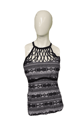 Boutique Black/White Macrame High Neck Tankini Swim Suit Top, Size 1X