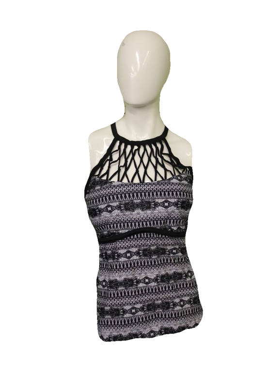 Boutique Black/White Macrame High Neck Tankini Swim Suit Top, Size 1X