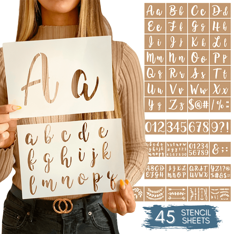 Letter Stencils for Painting on Wood - Alphabet Stencils with Calligraphy Large Font and Cursive Letters Numbers Signs - Reusable Plastic Art Craft