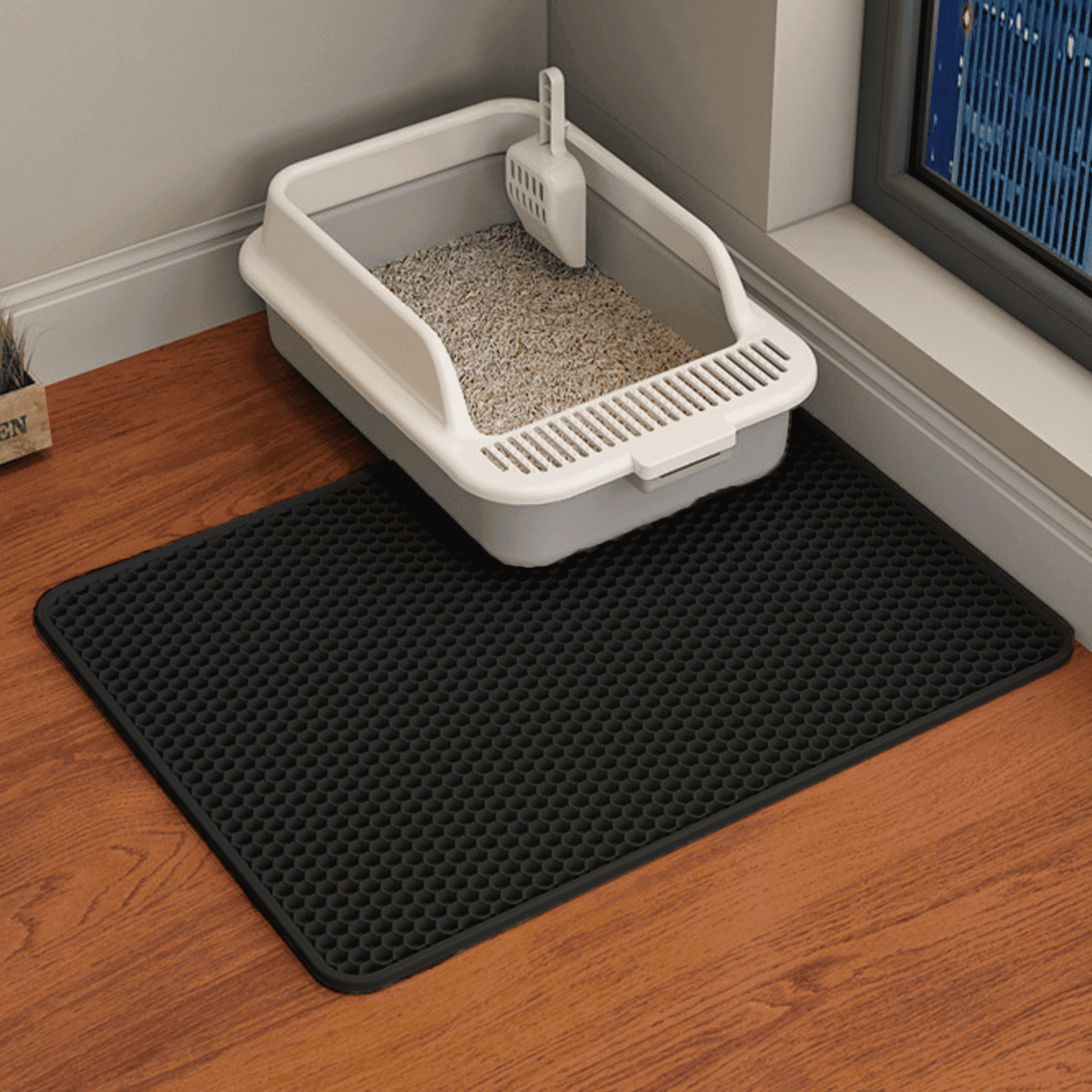 Boutique Cat Litter Mat, 45"x26"/35"x24"/30"x22"/24"x18" Double Layer Cat Litter Box Mat, EVA Non-Slip, Waterproof Urine Proof Cat Litter Catcher Mat, Easy Clean Scatter Control (24"x18", Black)