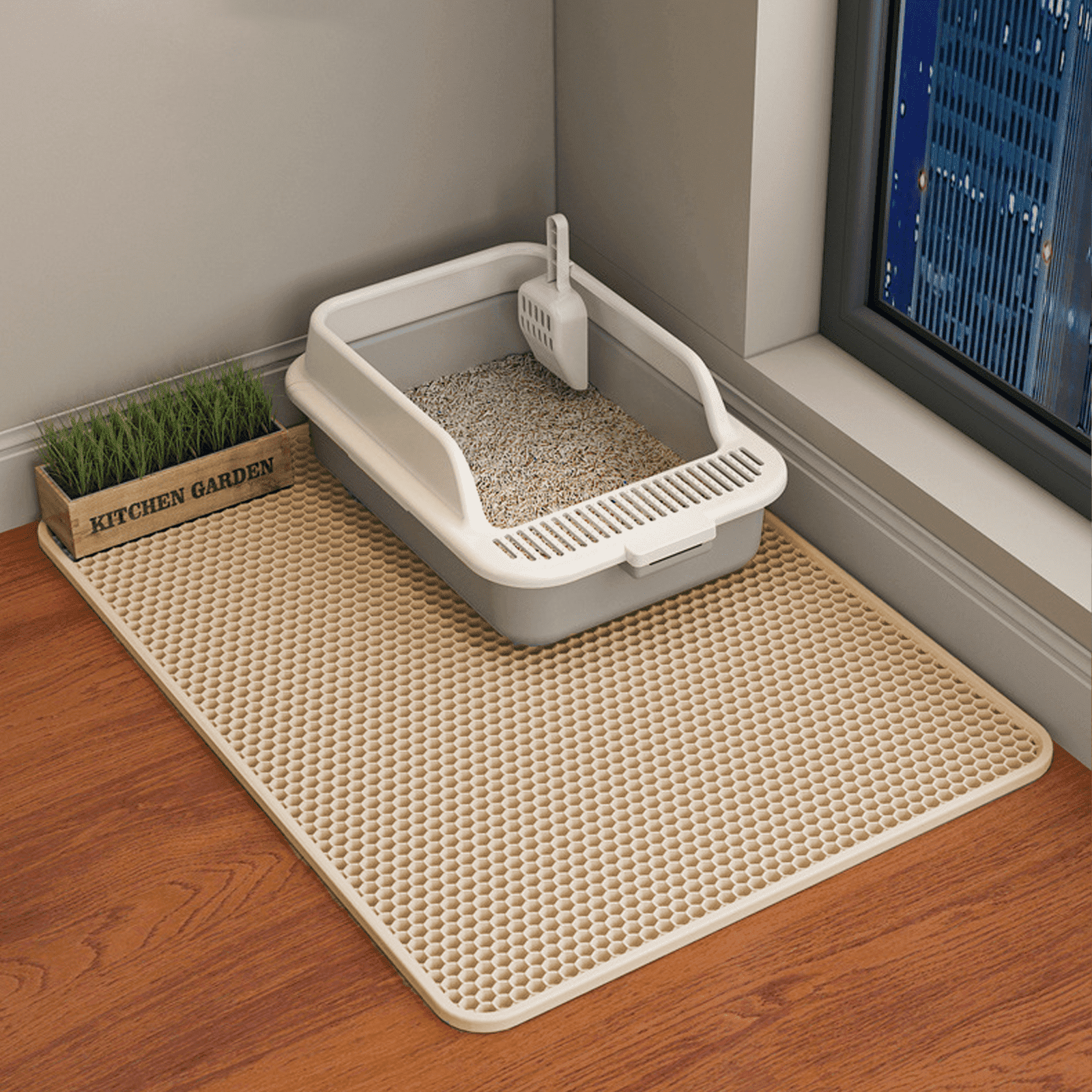 Boutique Cat Litter Mat, 45"x26"/35"x24"/30"x22"/24"x18" Double Layer Cat Litter Box Mat, EVA Non-Slip, Waterproof Urine Proof Cat Litter Catcher Mat, Easy Clean Scatter Control (30"x22", Khaki)