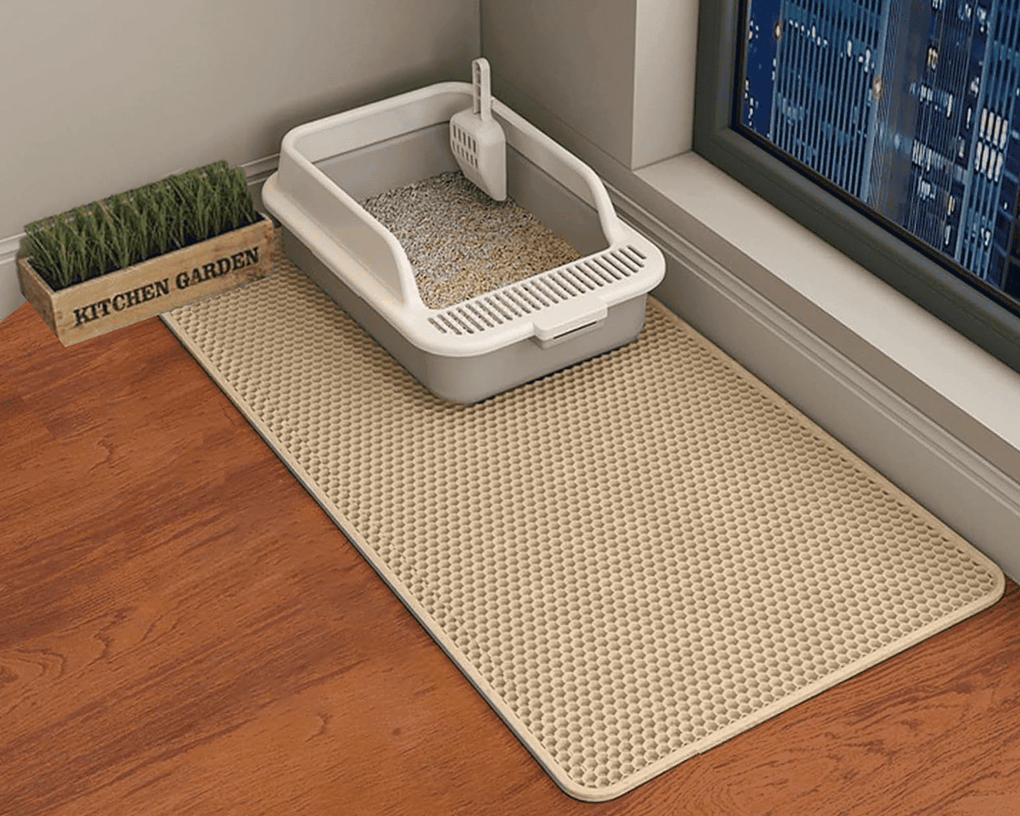 Boutique Cat Litter Mat, 45"x26" Extra Large&Long Double Layer Cat Litter Box Mat, EVA Non-Slip, Waterproof Urine Proof Cat Litter Catcher Mat, Easy Clean Scatter Control (45"x26", Khaki)