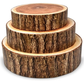 Boutique Faux Wood Cardboard Cake Stands Set of 3, 8 10 12 Inch Round Dessert Display Risers, Tree Bark Slice Look, Not Real Wood Decor