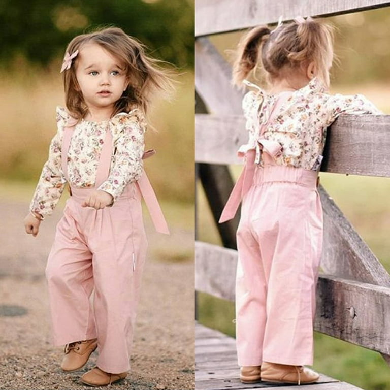 Boutique Kids Baby Girl Floral Tops Bib Strap Overalls Pants Outfits  Clothes Pink 1-2 Years