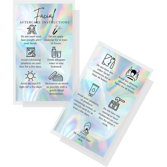 Boutique Marketing Facial Aftercare Cards  50 Pack  Business Card Size 2x3.5 inches  Esthetician Supplies  Aftercare Instructions Non-Reflective Matte Rainbow Holographic Look Design