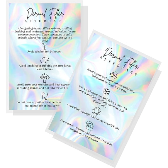 Boutique Marketing LLC Dermal Filler Aftercare Card  30 Pack  4x6inch inch Post Card Size  Medical Spa Business Cards for Filler Aftercare Instructions  Faux Holographic Design
