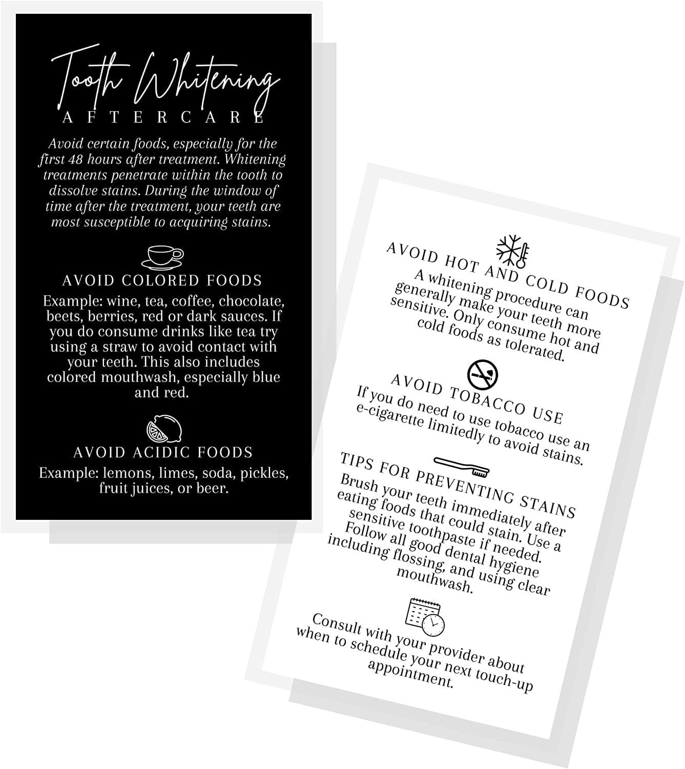 Boutique Marketing Tooth Whitening Aftercare Cards 50 Pack Size 2x3.5'' inch Business Card Dentist Supplies Black & White with Icons Design