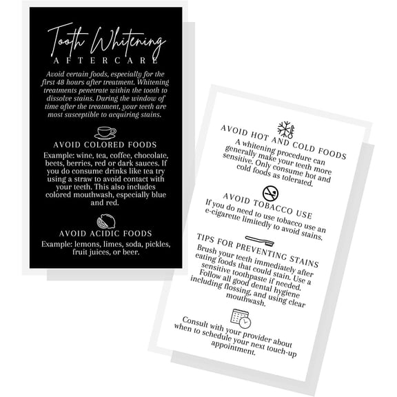 Boutique Marketing Tooth Whitening Aftercare Cards  50 Pack  Size 2x3.5'' inch Business Card  Dentist Supplies  Black & White with Icons Design