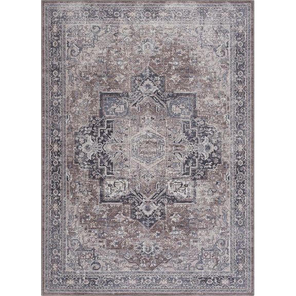 BoutiqueRugs Abner Traditional Medallion Area Rug - Machine Washable - Dark Red, Peach, Medium Gray - 7'10" x 10'2"