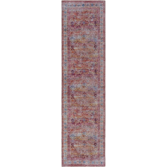 BoutiqueRugs Alcoy Traditional Bordered Runner Rug - Machine Washable - Dark Pink, Orange, Off White - 2'7" x 12' Runner