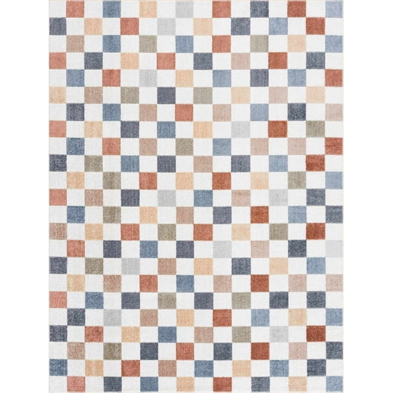 BoutiqueRugs Alia Colorful Modern Checkered Area Rug - Contemporary Geometric Carpet for Hallway, Nursery, Girls Boys Room - Machine Washable - White, Blue, Peach, Rust - 5'3" x 7' (5x7)