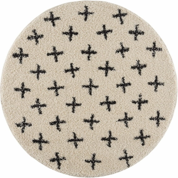 BoutiqueRugs Alstead Farmhouse Swiss Cross Geometric Shag with Tassels for Living Room, Bedroom - Charcoal, Cream - 5'3" Round