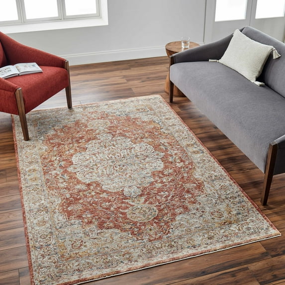 BoutiqueRugs Aman Traditional Area Rug - Light Sage, Brick Red, Tan - 7'10" Round