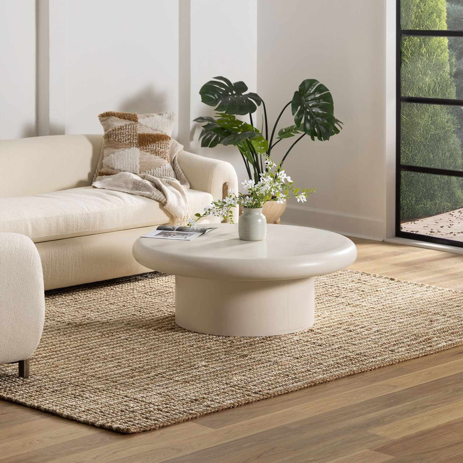BoutiqueRugs Ambel Braided Bohemian Natural Jute Area Rug - Farmhouse Bleached Hand Woven Tassel Carpet for Living Room, Bedroom - White, Cream, Sage - 6' Round