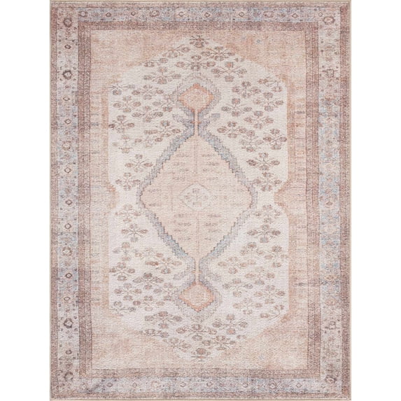 BoutiqueRugs Analu Bohemian Vintage Medallion Area Rug - Oriental Bordered Carpet for Living Room, Bedroom - Machine Washable - Blush, Peach, Brown- 6'7" x 9' (6x9)