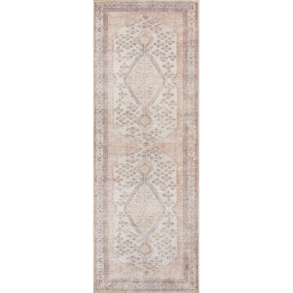 Boutique Rugs Analu Bohemian Vintage Medallion Runner Rug - Oriental Bordered Carpet for Hallway, Kitchen - Machine Washable - Blush, Peach, Brown- 2'7" x 7'3" (2x8)
