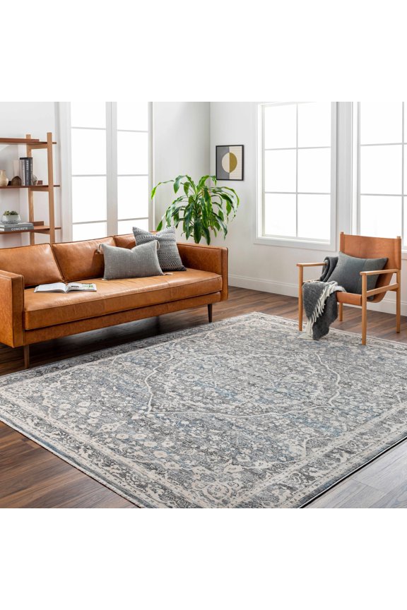 BoutiqueRugs Anouk Traditional Area Rug - Slate Blue, Charcoal, LightBeige - 6'7" Round