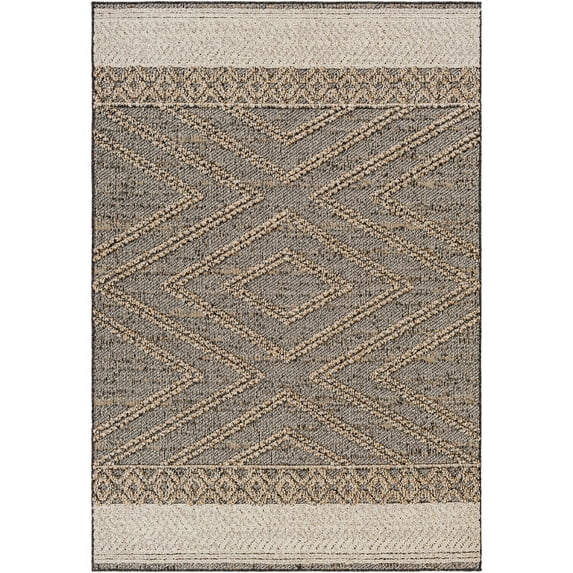 BoutiqueRugs Areli Boho High Low Textured Moroccan Geometric Area Rug - Outdoor Safe Carpet - Performance Carpet for Porch, Patio, Living Room - Black, Taupe, Beige - 6'4" x 9' (6x9)