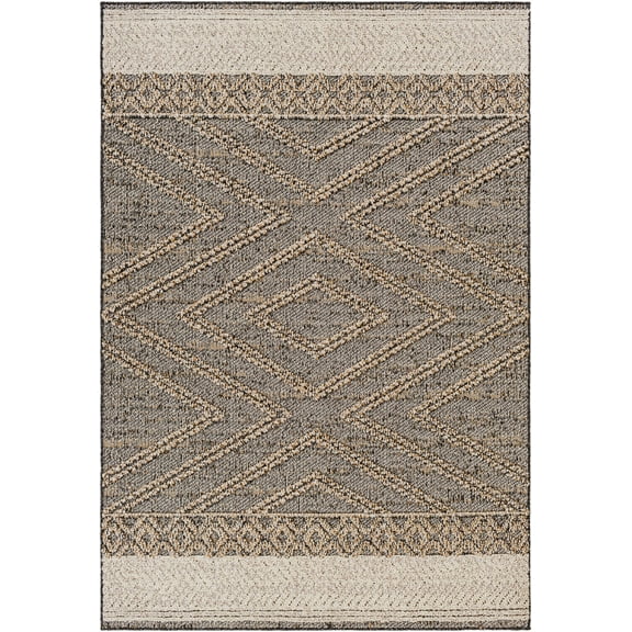BoutiqueRugs Areli Boho High Low Textured Moroccan Geometric Area Rug - Outdoor Safe - Performance Carpet for Porch, Patio, Living Room - High Traffic - Black, Taupe, Beige - 5' x 7' Area Rug