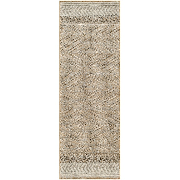 BoutiqueRugs Areli Boho High Low Textured Moroccan Geometric Runner Rug - Outdoor Safe - Performance Carpet for Porch, Patio, Living Room - High Traffic - Taupe, Beige, Black - 2'6" x 7'3" Runner