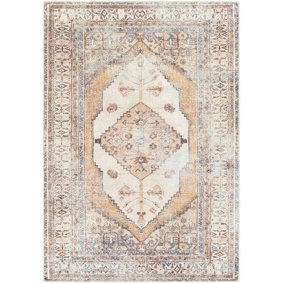 BoutiqueRugs Arncliffe Boho Vintage Area Rug - Farmhouse Traditional Medallion Carpet for Living Room, Bedroom - Machine Washable - Tan, Rust, Peach, Blue, Cream - 5'3" x 7'3" (5x7)