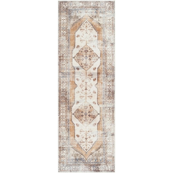 Boutique Rugs Arncliffe Boho Vintage Runner Rug - Farmhouse Traditional Medallion Carpet for Hallway, Kitchen - Machine Washable - Tan, Rust, Peach, Blue, Cream - 2'7" x 7'10" (2x8)