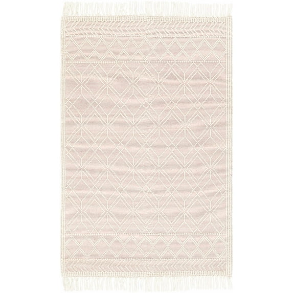 BoutiqueRugs Arnside Boho Hand Woven Wool High Low Textured Area Rug - Farmhouse Trellis Pattern with Tassel Carpet for Living Room - Ivory, Cream, Rose, Blush, Pink Rug - 5' x 7'6" (5x8 Area Rug)