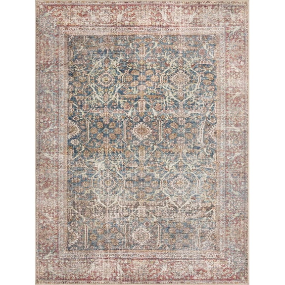 BoutiqueRugs Avel Bohemian Vintage Area Rug - Oriental Fade Look Floral Carpet for Living Room, Bedroom - Machine Washable - Burgundy, Blue, Beige - 6'7" x 9' (6x9)