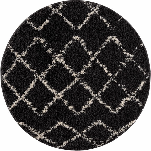 BoutiqueRugs Ayden Black Trellis Shag with Tassels Area Rug - Charcoal, Peach - 7'10" Round