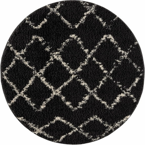 Boutique Rugs Ayden Black Trellis Shag with Tassels Area Rug - Charcoal, Peach - 7'10" Round