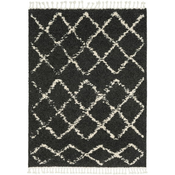 Boutique Rugs Ayden Boho Moroccan Geometric Shag with Tassels for Living Room, Bedroom - Charcoal, Cream - 2' x 2'11"