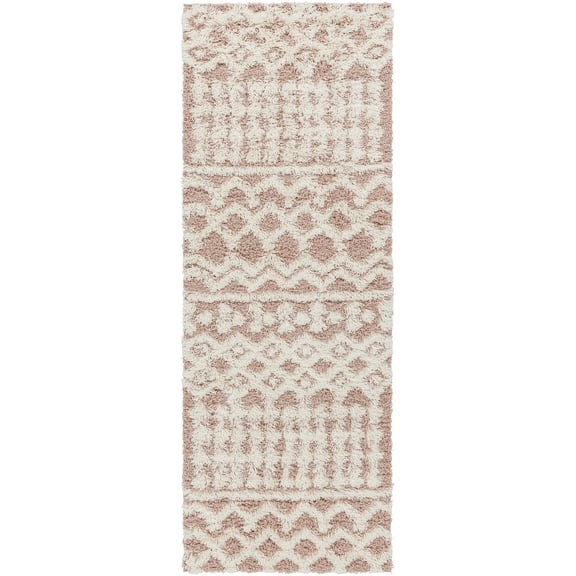 BoutiqueRugs Azura Boho Moroccan Geometric Shag Runner Rug - High Pile Super Soft Carpet for Hallway, Kitchen, Dorm, Kids Room - Dusty Pink, White - 2'7" x 7'3" (2x8)