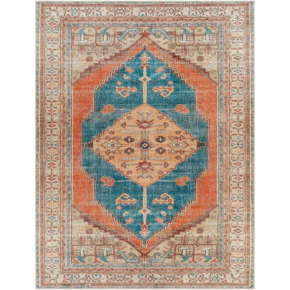 BoutiqueRugs Baganga Vintage Traditional Medallion Oversized Area Rug - Oriental Floral Performance Rug for Living Room - Machine Washable - Burnt Orange, Blue, Peach - 8'10" x 12' (9x12)