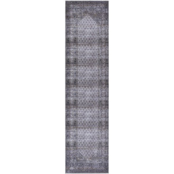 BoutiqueRugs Washable Gray Medallion 7ft Runner Rug Traditional Dark Brown Navy Hallway Kitchen Corridor Stairway Laundry Room 2'7" x 7'3" Easy Clean Stain Resistant