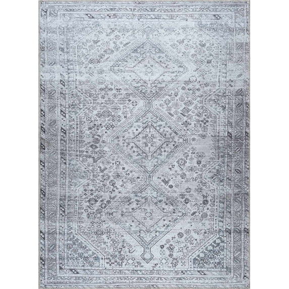 BoutiqueRugs Barny Traditional Area Rug - Machine Washable - Off White, Denim, Charcoal - 6'7" x 9'