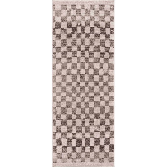 BoutiqueRugs Benjy Modern Checkered Runner Rug - Contemporary Geometric Carpet for Hallway, Kids Room, Nursery - Cream, Beige, Tan - 2'7" x 10' Runner