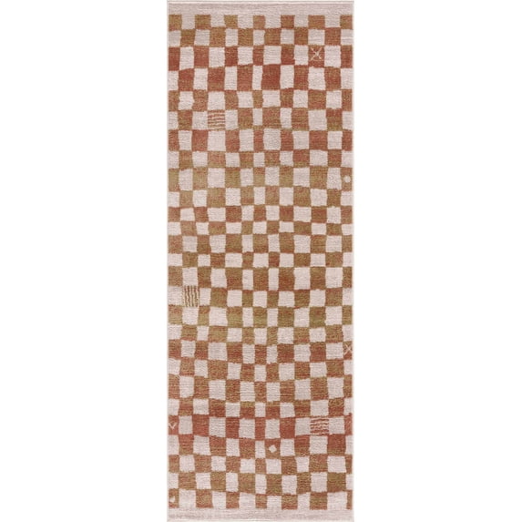 BoutiqueRugs Benjy Modern Checkered Runner Rug - Contemporary Geometric Carpet for Hallway, Kids Room, Nursery - Cream, Somon, Rust - 2'7" x 10' Runner