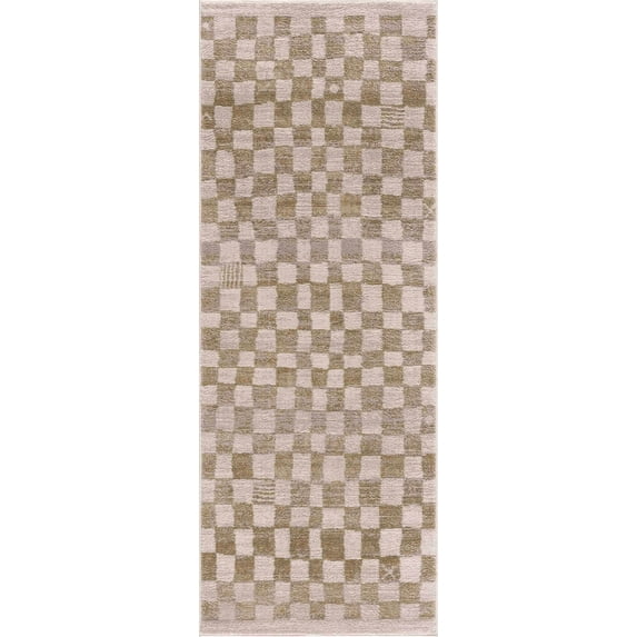 BoutiqueRugs Benjy Modern Checkered Runner Rug - Contemporary Geometric Carpet for Hallway, Kids Room, Nursery - Cream, Gold - 2'7" x 10' Runner