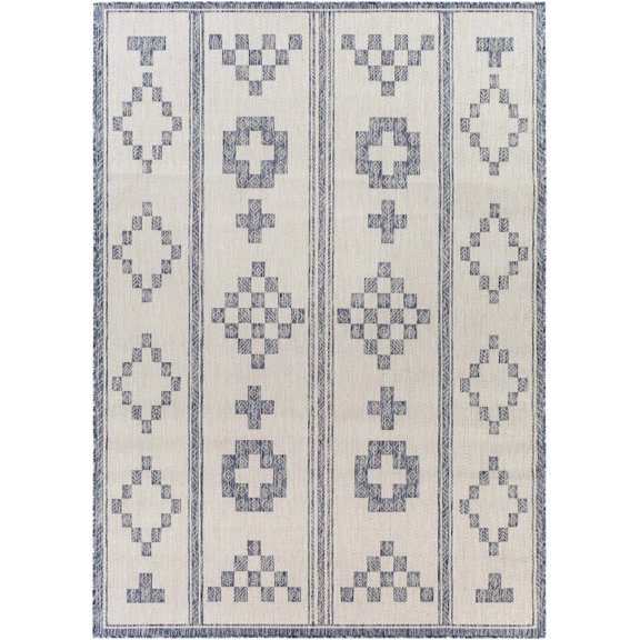 BoutiqueRugs Besao Bohemian, Transitional Area Rug - Outdoor Safe - Tan, Pale Blue, Navy - 6'7" x 9'